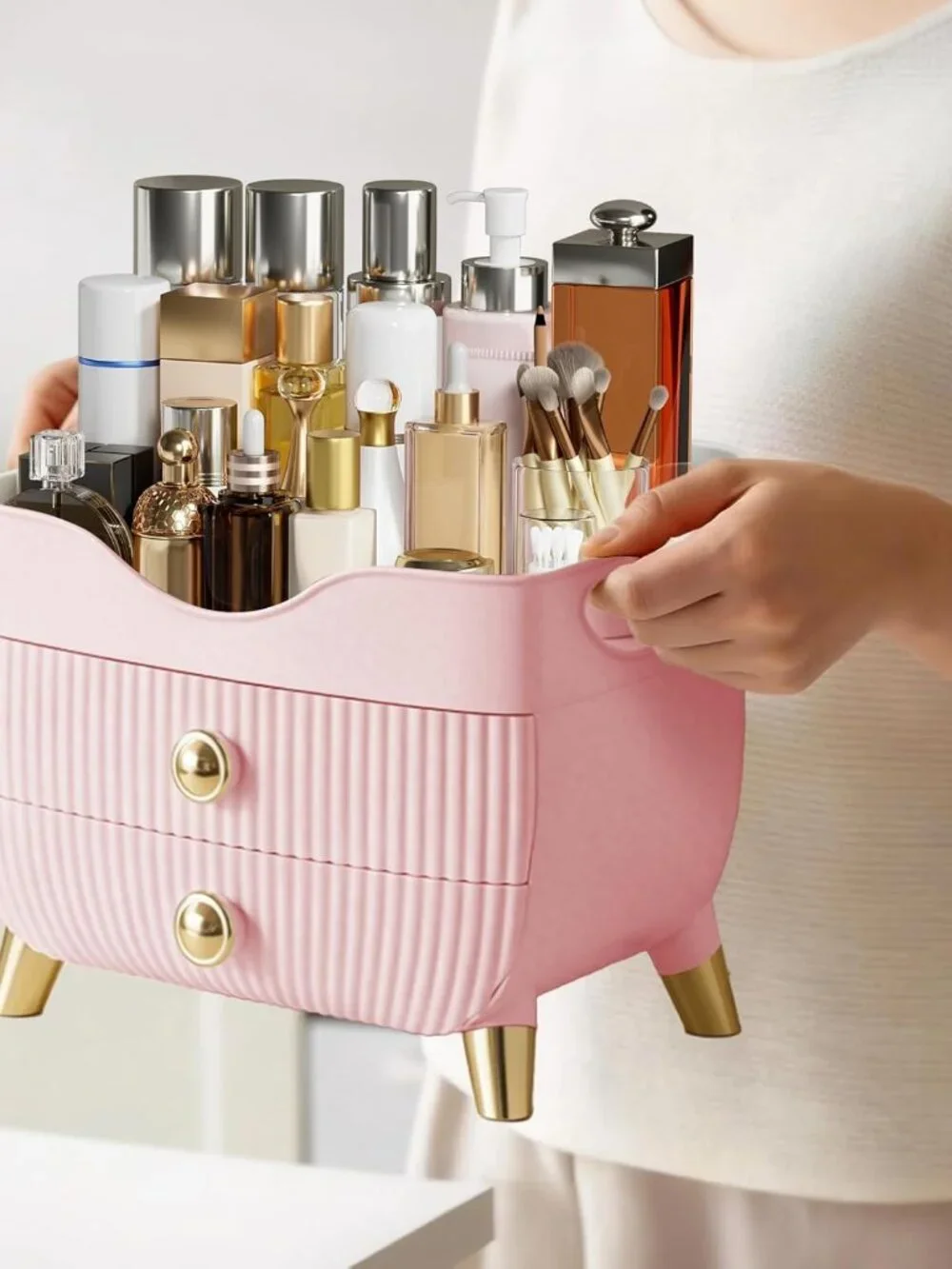 Pink Makeup Organizer with Drawers – Large Cosmetic & Skincare Storage Case